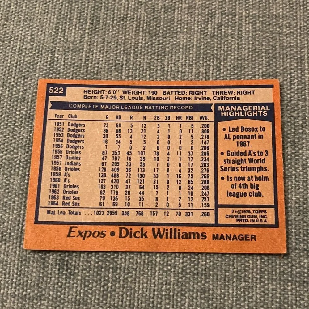 1978 Topps Montreal Expos Baseball Card Trading Card